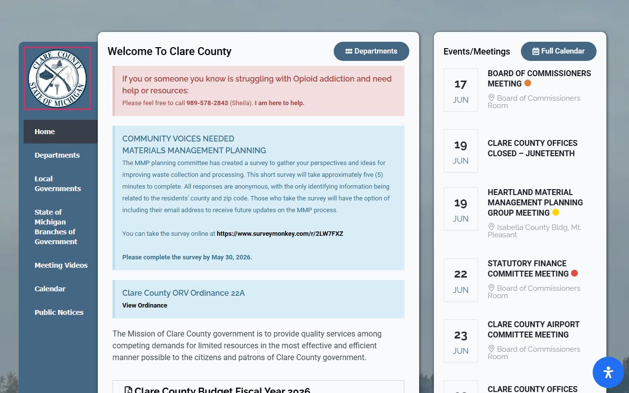 Clare County inmate records FOIA route on county homepage